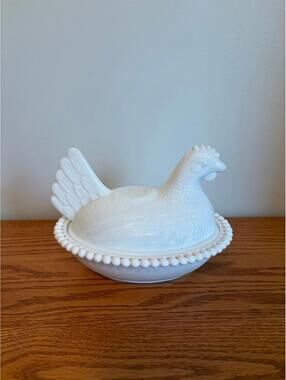 H19. Indiana Glass Stipple Beaded Hen on Nest with Candle